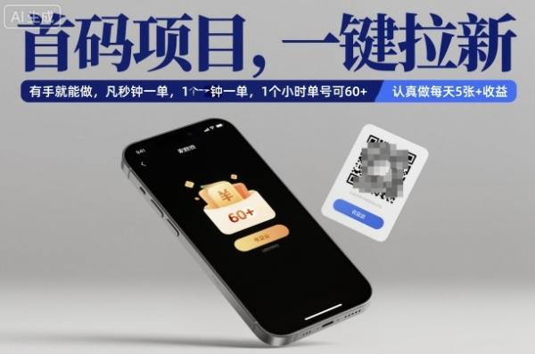 首码项目，一键拉新，有手就能做，几秒钟一单，1个小时单号可60+，认真做每天5张+收益【揭秘】
