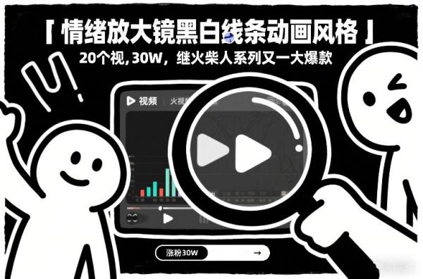 情绪放大镜黑白线条动画风格，20个视频，涨粉30W，继火柴人系列又一大爆款