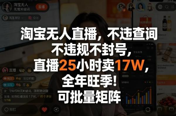 淘宝无人直播，不违规不封号，直播25小时卖17W，全年旺季！可批量矩阵【揭秘】