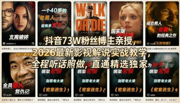 抖音73W粉丝博主亲授,2026最新影视解说实战教学,全程听话照做,直通精选独家
